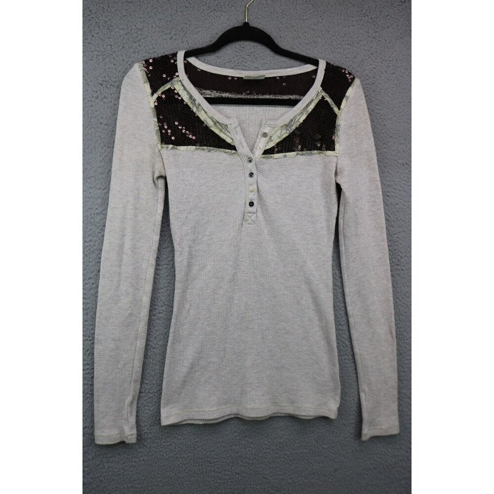 Free People Oatmeal Waffle Knit Long Sleeve Tunic-Sequins-Mix Match Buttons-Med.